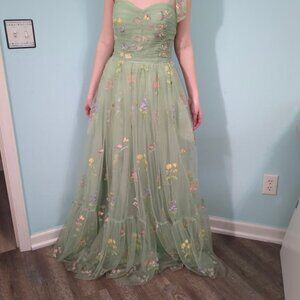 Sage green lace up corset prom dress floral embroidery flowers fairy core 16